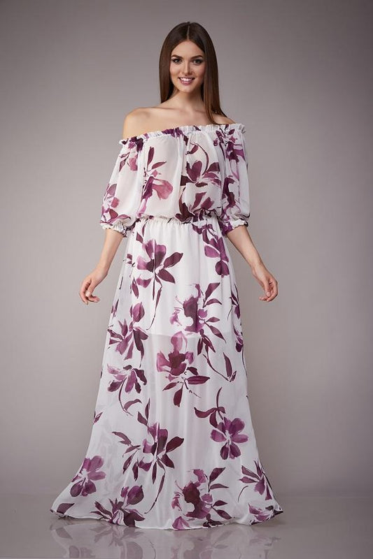 Purple Floral Patterned Off The Shoulder Maxi Dress